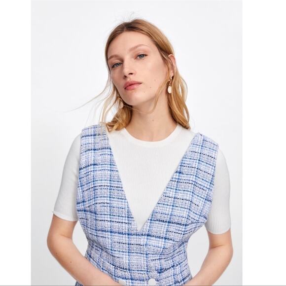 Zara Blue Overall Tweed Plaid Pinafore Mini Dress Size M - Picture 7 of 16